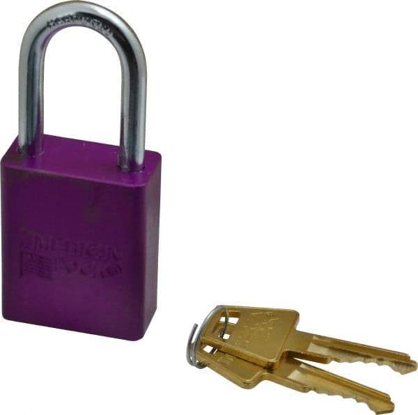 American Lock - Keyed Different Conductive Lockout Padlock - 1-1/2" Shackle Clearance, 1/4" Shackle Diam, 1.8" Body Height x 1-1/2" Body Width, Purple, 5 Pins - USA Tool & Supply