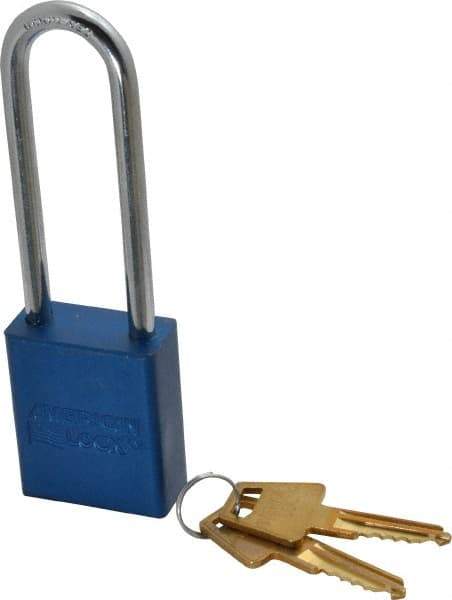 American Lock - Keyed Alike Conductive Lockout Padlock - 3" Shackle Clearance, 1/4" Shackle Diam, 1.8" Body Height x 1-1/2" Body Width, Blue, 5 Pins - USA Tool & Supply