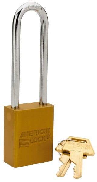 American Lock - Keyed Different Conductive Lockout Padlock - 3" Shackle Clearance, 1/4" Shackle Diam, 1.8" Body Height x 1-1/2" Body Width, Yellow, 5 Pins - USA Tool & Supply