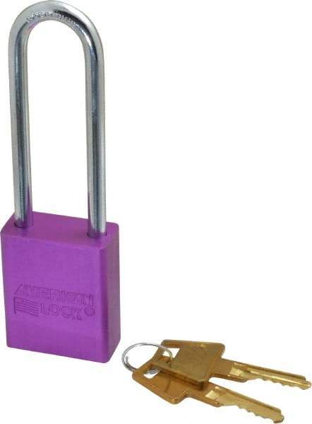 American Lock - Keyed Different Conductive Lockout Padlock - 3" Shackle Clearance, 1/4" Shackle Diam, 1.8" Body Height x 1-1/2" Body Width, Purple, 5 Pins - USA Tool & Supply