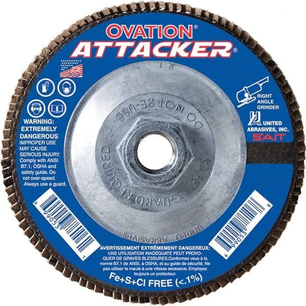 Sait - 40 Grit, 4-1/2" Disc Diam, 5/8-11 Center Hole, Type 27 Zirconia Alumina Flap Disc - 13,300 Max RPM, Fiberglass Backing, Arbor Attaching System, Coated - USA Tool & Supply