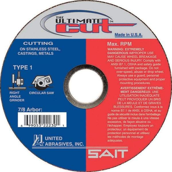 Sait - 4-1/2" Aluminum Oxide Cutoff Wheel - 0.045" Thick, 7/8" Arbor, 13,300 Max RPM, Use with Angle Grinders - USA Tool & Supply