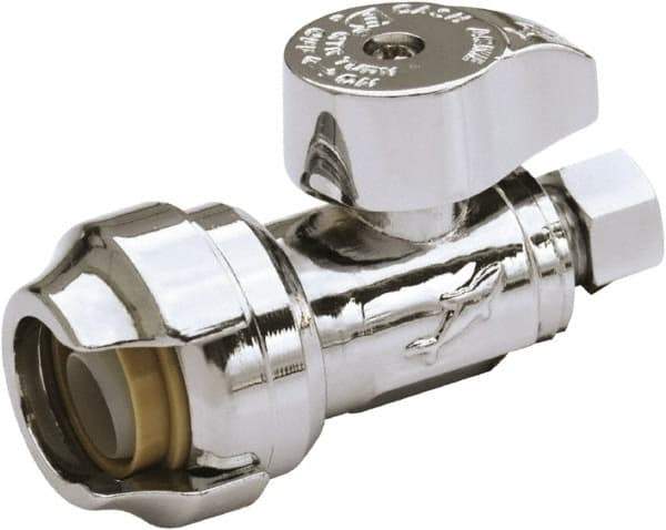 SharkBite - 1/2 & 3/8" Pipe, 200 psi WOG Rating, Brass Stop Valve - Chrome Finished Handle, Push Fit End Connections, For Potable Water Applications - USA Tool & Supply