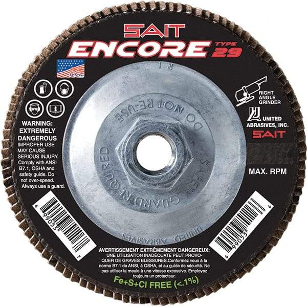 Sait - 80 Grit, 6" Disc Diam, 5/8-11 Center Hole, Type 27 Zirconia Alumina Flap Disc - 10,200 Max RPM, Fiberglass Backing, Arbor Attaching System, Coated - USA Tool & Supply