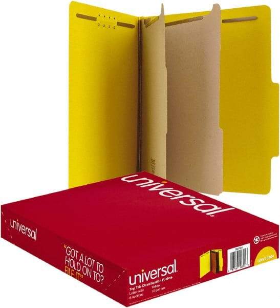 UNIVERSAL - 8-1/2 x 11", Letter Size, Yellow, Classification Folders with Top Tab Fastener - 25 Point Stock, Right of Center Tab Cut Location - USA Tool & Supply