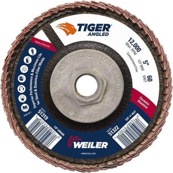 Weiler - 60 Grit, 5" Disc Diam, 5/8-11 Center Hole, Type 27 Ceramic Alumina Flap Disc - 12,000 Max RPM, Phenolic Backing, Arbor Attaching System, Coated - USA Tool & Supply