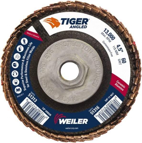 Weiler - 60 Grit, 4-1/2" Disc Diam, 5/8-11 Center Hole, Type 27 Ceramic Alumina Flap Disc - 13,000 Max RPM, Phenolic Backing, Arbor Attaching System, Coated - USA Tool & Supply