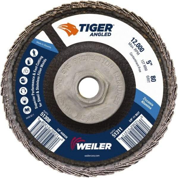 Weiler - 80 Grit, 5" Disc Diam, 5/8-11 Center Hole, Type 27 Zirconia Alumina Flap Disc - 12,000 Max RPM, Phenolic Backing, Arbor Attaching System, Coated - USA Tool & Supply