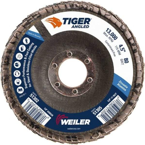 Weiler - 80 Grit, 4-1/2" Disc Diam, 7/8" Center Hole, Type 27 Zirconia Alumina Flap Disc - 13,000 Max RPM, Phenolic Backing, Arbor Attaching System, Coated - USA Tool & Supply