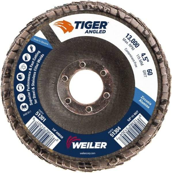 Weiler - 60 Grit, 4-1/2" Disc Diam, 7/8" Center Hole, Type 27 Zirconia Alumina Flap Disc - 13,000 Max RPM, Phenolic Backing, Arbor Attaching System, Coated - USA Tool & Supply