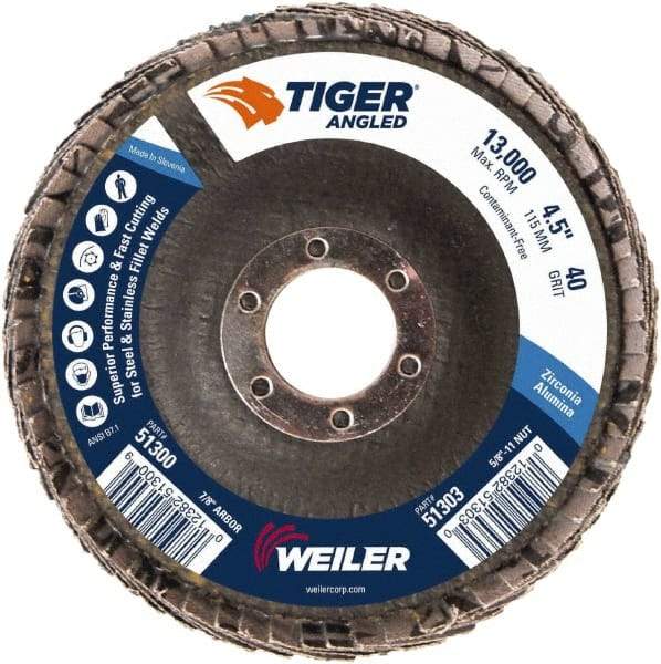 Weiler - 40 Grit, 4-1/2" Disc Diam, 7/8" Center Hole, Type 27 Zirconia Alumina Flap Disc - 13,000 Max RPM, Phenolic Backing, Arbor Attaching System, Coated - USA Tool & Supply