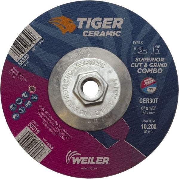 Weiler - 30 Grit, 6" Wheel Diam, Type 27 Depressed Center Wheel - Hard Grade, Ceramic, T Hardness, 10,200 Max RPM - USA Tool & Supply