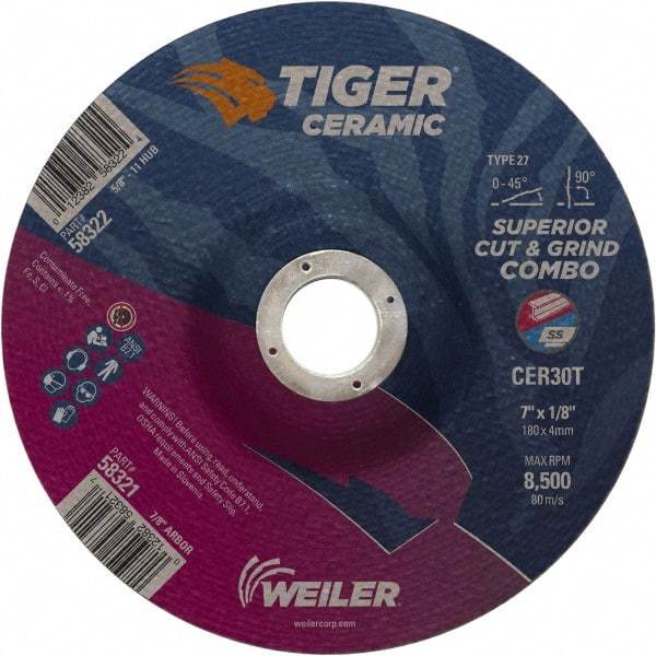 Weiler - 30 Grit, 7" Wheel Diam, 7/8" Arbor Hole, Type 27 Depressed Center Wheel - Hard Grade, Ceramic, T Hardness, 8,500 Max RPM - USA Tool & Supply