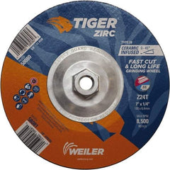 Weiler - 24 Grit, 7" Wheel Diam, Type 28 Depressed Center Wheel - Hard Grade, Zirconia Alumina, T Hardness, 8,500 Max RPM - USA Tool & Supply