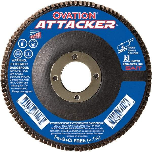Sait - 80 Grit, 5" Disc Diam, 7/8" Center Hole, Type 27 Zirconia Alumina Flap Disc - 12,200 Max RPM, Fiberglass Backing, Arbor Attaching System, Coated - USA Tool & Supply