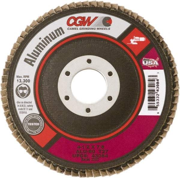 Camel Grinding Wheels - 36 Grit, 4-1/2" Disc Diam, 7/8" Center Hole, Type 29 Aluminum Oxide Flap Disc - 13,300 Max RPM, Polyester Backing, Arbor Attaching System, Coated - USA Tool & Supply