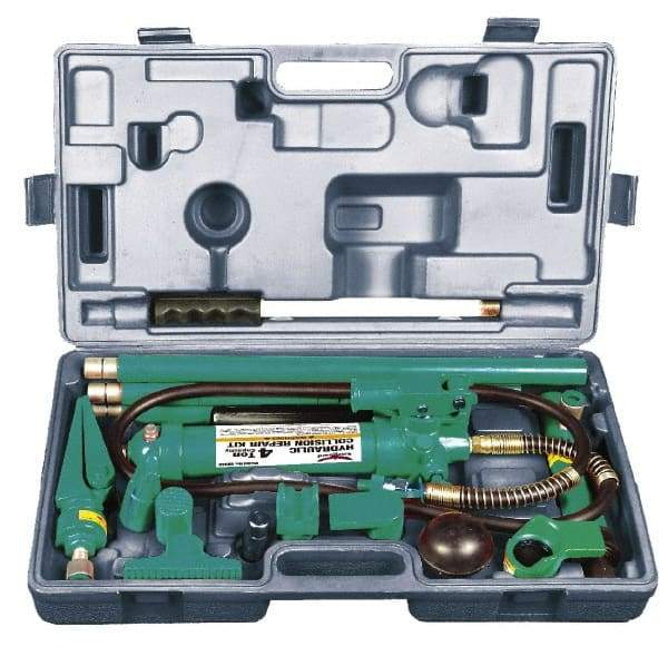 Safeguard - 18 Piece Automotive Collision Repair Kit - Extention Tubes, Base, Wedge Head, V-Base, Adapters, Serrated Saddle, Rubber Head, Pump, 1/2 Ton Spreader, Ram, Hose - USA Tool & Supply