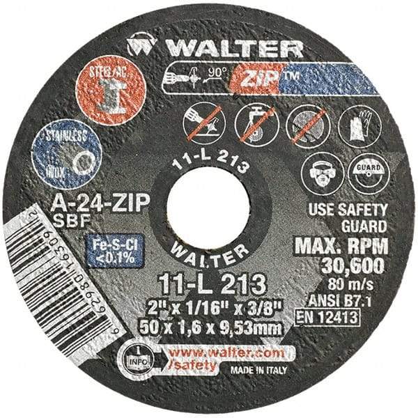WALTER Surface Technologies - 2" 24 Grit Aluminum Oxide Cutoff Wheel - 1/16" Thick, 3/8" Arbor, 30,600 Max RPM, Use with Die Grinders - USA Tool & Supply