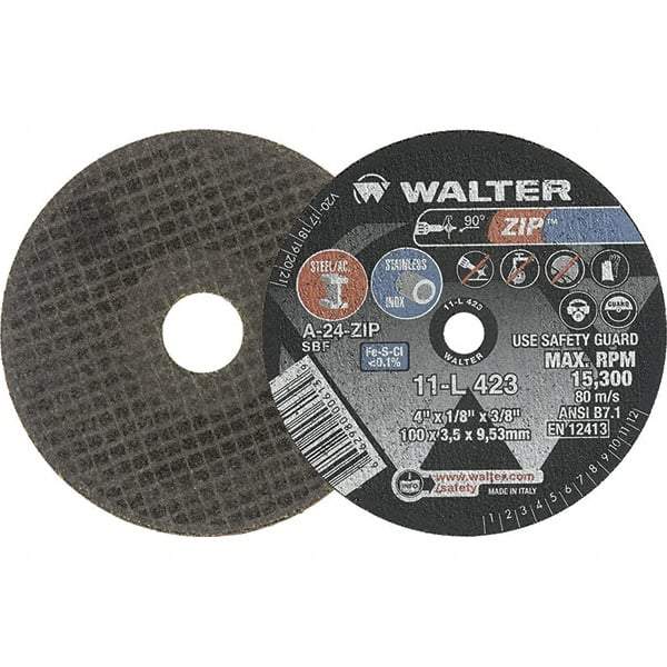WALTER Surface Technologies - 4" 24 Grit Aluminum Oxide Cutoff Wheel - 1/8" Thick, 3/8" Arbor, 15,300 Max RPM, Use with Die Grinders - USA Tool & Supply