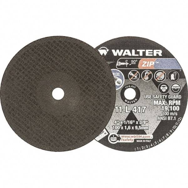 WALTER Surface Technologies - 4" 60 Grit Aluminum Oxide Cutoff Wheel - 1/16" Thick, 3/8" Arbor, 19,100 Max RPM, Use with Die Grinders - USA Tool & Supply