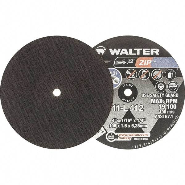 WALTER Surface Technologies - 4" 24 Grit Aluminum Oxide Cutoff Wheel - 1/16" Thick, 1/4" Arbor, 19,100 Max RPM, Use with Die Grinders - USA Tool & Supply