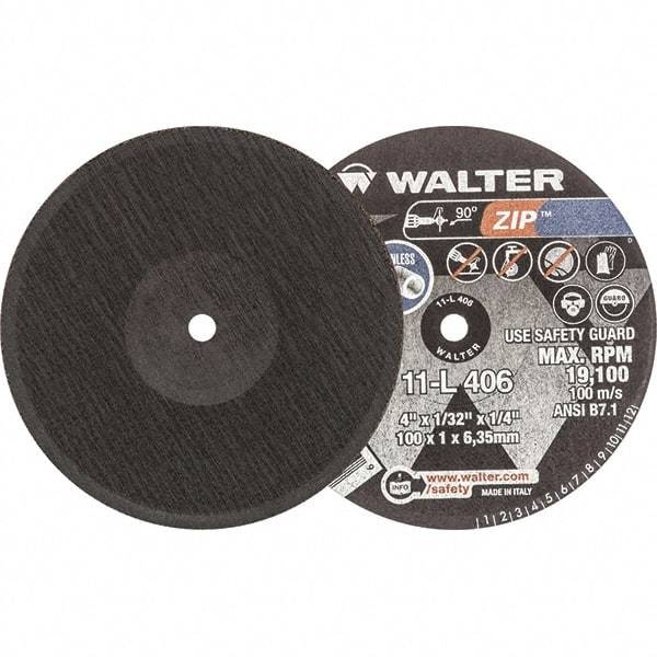 WALTER Surface Technologies - 4" 24 Grit Aluminum Oxide Cutoff Wheel - 1/32" Thick, 1/4" Arbor, 19,100 Max RPM, Use with Die Grinders - USA Tool & Supply