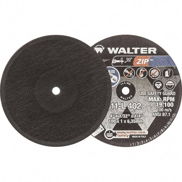 WALTER Surface Technologies - 4" 60 Grit Aluminum Oxide Cutoff Wheel - 1/32" Thick, 1/4" Arbor, 19,100 Max RPM, Use with Die Grinders - USA Tool & Supply