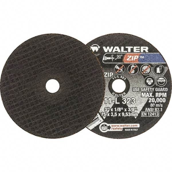 WALTER Surface Technologies - 3" 24 Grit Aluminum Oxide Cutoff Wheel - 1/8" Thick, 3/8" Arbor, 20,000 Max RPM, Use with Die Grinders - USA Tool & Supply