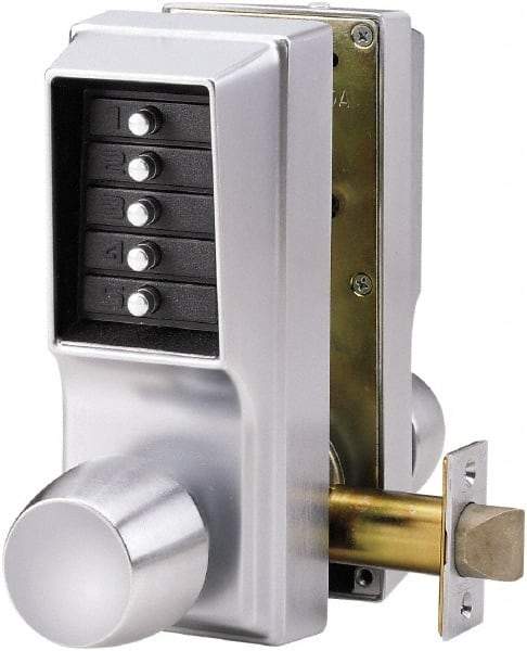 Kaba Access - 1-3/4 to 2-1/4" Door Thickness, Satin Chrome Pushbutton Knob Lockset - 2-3/4" Back Set, 1 Code, Zamak3, Nonkey Override Cylinder - USA Tool & Supply