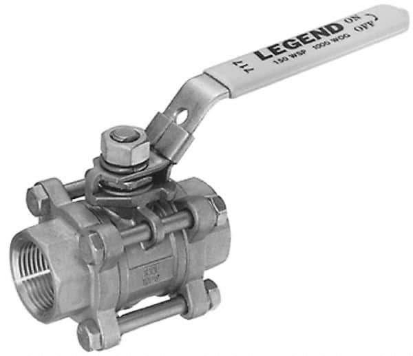 Legend Valve - 1-1/2" Pipe, Full Port, Stainless Steel Standard Ball Valve - 3 Piece, Inline - One Way Flow, FNPT x FNPT Ends, Locking Lever Handle, 1,000 WOG, 150 WSP - USA Tool & Supply