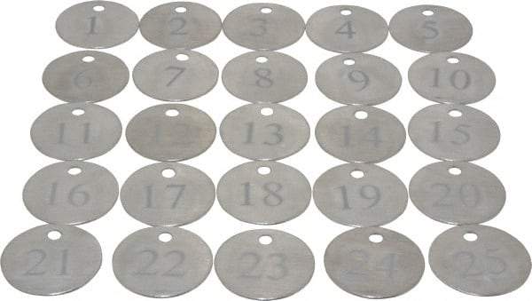 Value Collection - 1-1/4" High x 1-1/4" Long, 1 to 25, English Safety & Facility Numbered Tag - 1 Side, Aluminum - USA Tool & Supply