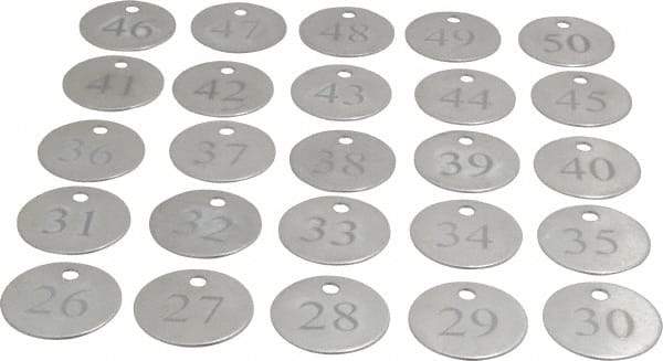 Value Collection - 1-1/4" High x 1-1/4" Long, 26 to 50, English Safety & Facility Numbered Tag - 1 Side, Aluminum - USA Tool & Supply