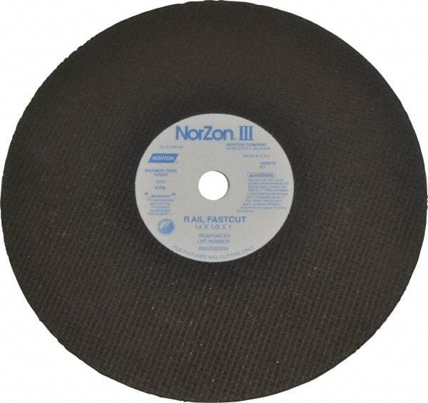 Norton - 14" 24 Grit Zirconia Alumina Cutoff Wheel - 1/8" Thick, 1" Arbor, 5,400 Max RPM, Use with Electric & Gas Powered Saws - USA Tool & Supply