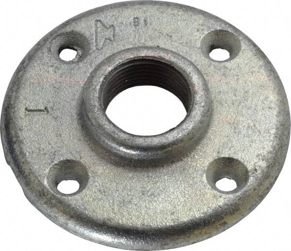 Made in USA - 1" Pipe, 4" OD, 11/16" Hub Length, Galvanized Floor Pipe Flange - 3" Across Bolt Hole Centers, 1/4" Bolt Hole, 150 psi, Class 150 - USA Tool & Supply