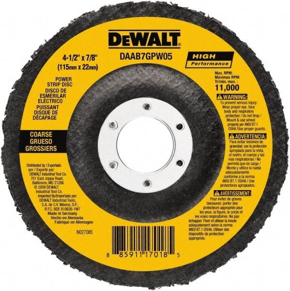 DeWALT - 100 Grit, 4-1/2" Disc Diam, 7/8" Center Hole, Type 27 Aluminum Oxide Flap Disc - 13,300 Max RPM, Fiberglass Backing, Arbor Attaching System, Non-Woven - USA Tool & Supply
