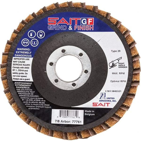 Sait - 80 Grit, 4-1/2" Disc Diam, 7/8" Center Hole, Type 29 Aluminum Oxide Flap Disc - 13,300 Max RPM, Fiberglass Backing, Arbor Attaching System, Coated & Non-Woven Combo - USA Tool & Supply