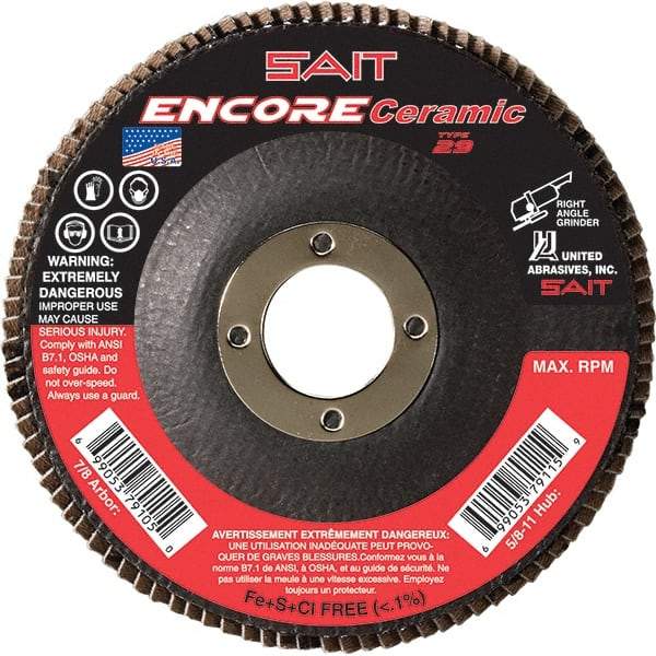 Sait - 36 Grit, 5" Disc Diam, 7/8" Center Hole, Type 27 Ceramic Flap Disc - 12,200 Max RPM, Fiberglass Backing, Arbor Attaching System, Coated - USA Tool & Supply