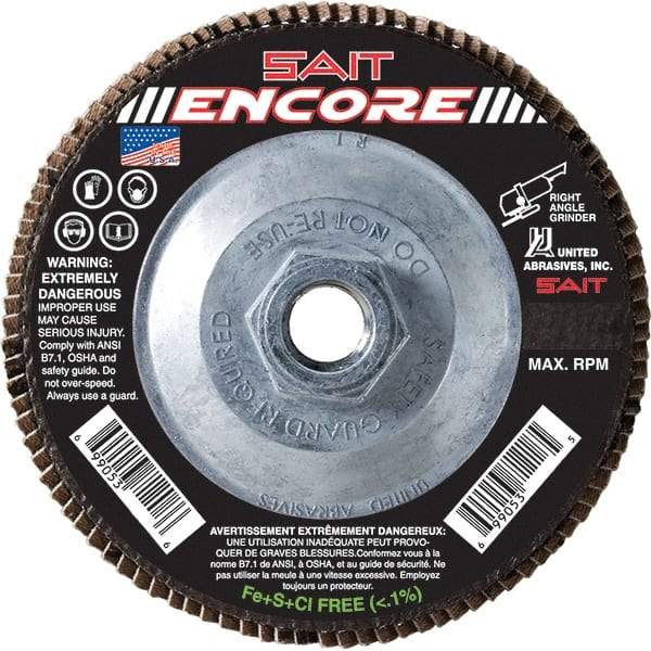 Sait - 40 Grit, 5" Disc Diam, 5/8-11 Center Hole, Type 27 Zirconia Alumina Flap Disc - 12,200 Max RPM, Fiberglass Backing, Arbor Attaching System, Coated - USA Tool & Supply