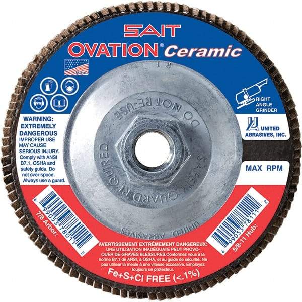 Sait - 60 Grit, 4-1/2" Disc Diam, 5/8-11 Center Hole, Type 27 Ceramic Flap Disc - 13,300 Max RPM, Fiberglass Backing, Arbor Attaching System, Coated - USA Tool & Supply