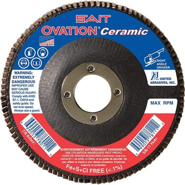 Sait - 40 Grit, 4-1/2" Disc Diam, 7/8" Center Hole, Type 27 Ceramic Flap Disc - 13,300 Max RPM, Fiberglass Backing, Arbor Attaching System, Coated - USA Tool & Supply