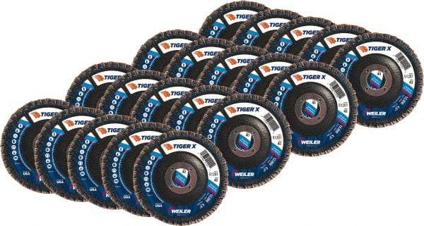 Weiler - 251 Grit, 4-1/2" Disc Diam, 5/8-11 Center Hole, Type 29 Zirconia Alumina Flap Disc - 13,000 Max RPM, Phenolic Backing, Arbor Attaching System, Coated - USA Tool & Supply
