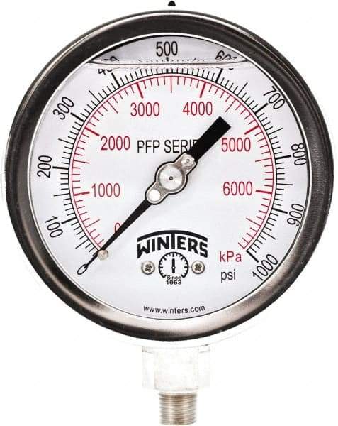 Winters - 4" Dial, 1/4 Thread, 0-1,000 Scale Range, Pressure Gauge - Bottom Connection Mount, Accurate to 0.01% of Scale - USA Tool & Supply