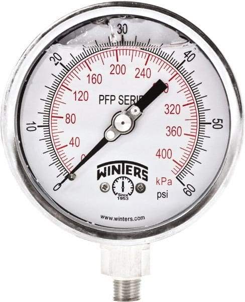 Winters - 4" Dial, 1/4 Thread, 0-60 Scale Range, Pressure Gauge - Bottom Connection Mount, Accurate to 0.01% of Scale - USA Tool & Supply