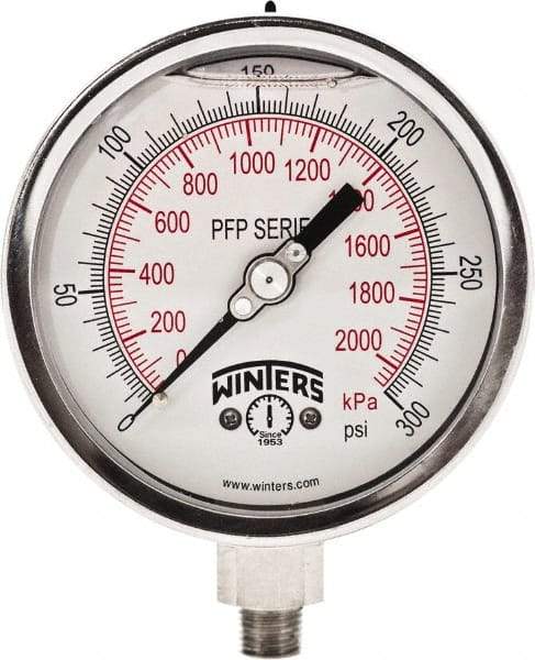 Winters - 4" Dial, 1/4 Thread, 0-300 Scale Range, Pressure Gauge - Bottom Connection Mount, Accurate to 0.01% of Scale - USA Tool & Supply