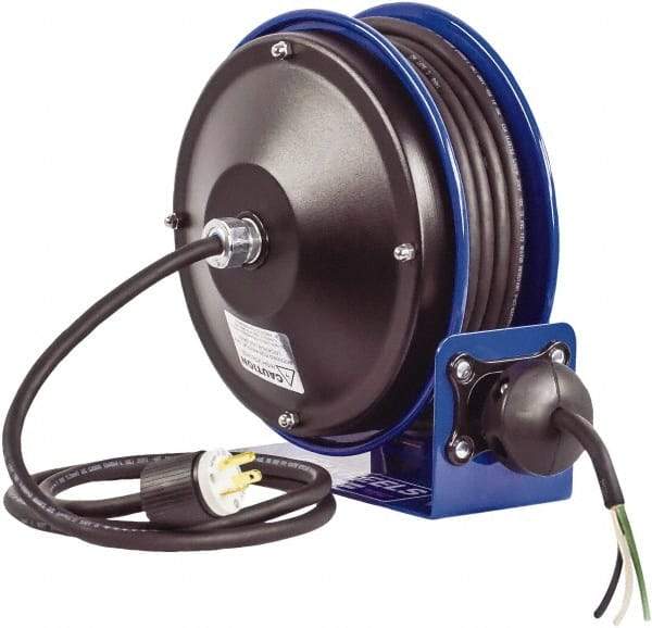 CoxReels - 16 AWG, 30' Cable Length, Cord & Cable Reel without Cable - 0 Outlets, 13 Amps, 300 Volts, SJO Cable, Blue Reel, Spring Driven Reel - USA Tool & Supply