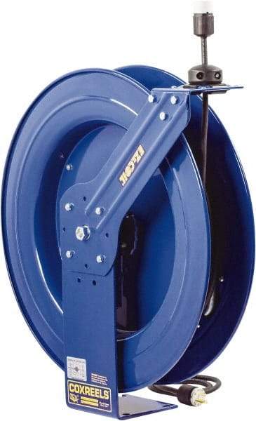 CoxReels - 12 AWG, 100' Cable Length, Cord & Cable Reel with Quad Outlet End - 4 Outlets, NEMA 5-20R, 20 Amps, 115 Volts, SJO Cable, Blue Reel, Spring Driven Reel - USA Tool & Supply