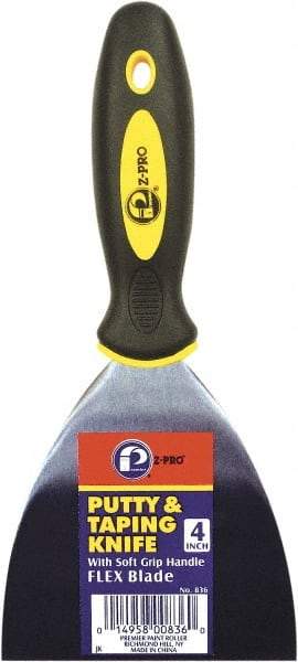 Premier Paint Roller - 4" Wide Spring Blade Steel Taping Knife - Stiff, Soft Grip Plastic Handle, 8.343" OAL - USA Tool & Supply