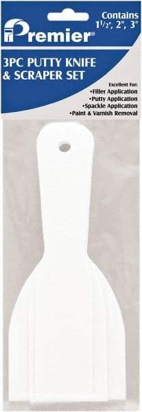 Premier Paint Roller - Stiff Plastic Beveled Scraper Set - 1-1/2, 2 & 3" Blade Width x 3-1/2" Blade Length, 3-1/2" Long Straight Plastic Handle - USA Tool & Supply