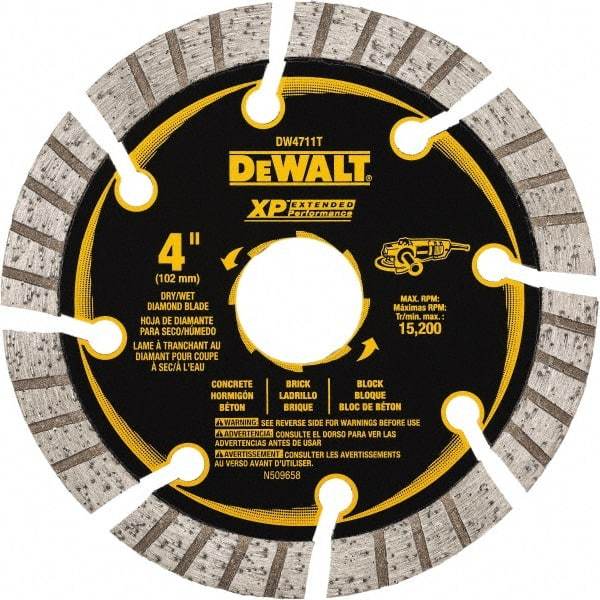 DeWALT - 4" Diam, 7/8" Arbor Hole Diam, 8 Tooth Wet & Dry Cut Saw Blade - Diamond Matrix, Fast Cutting Action, Standard Round Arbor - USA Tool & Supply