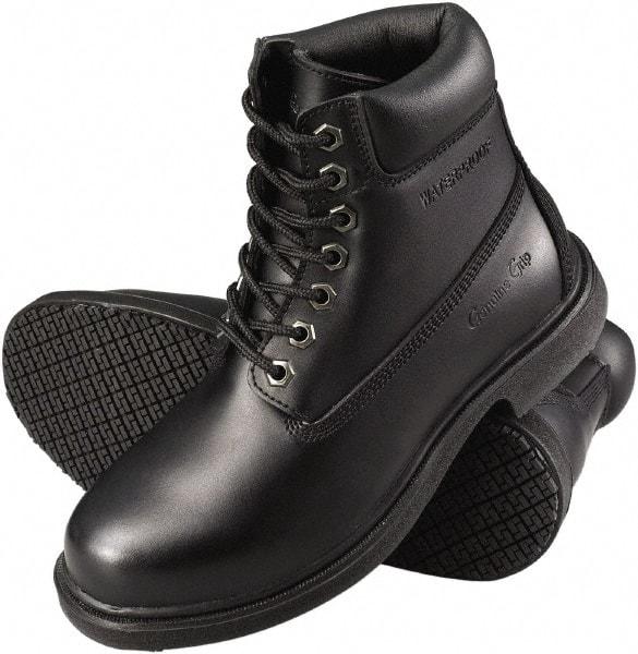 Genuine Grip - Women's Wide Width Plain Work Boot - Black, Leather Upper, Rubber Outsole, 6" High, Dielectric, Non-Slip, Waterproof - USA Tool & Supply